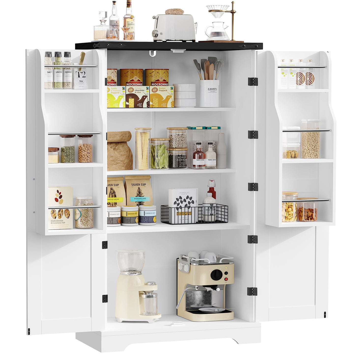 USIKEY Farmhouse Pantry Cabinet, Kitchen Cabinet, Storage Cabinet with Barn Doors, Kitchen Pantry Cabinet with 2 Adjustable Shelves, Tall Cabinet for Kitchen, Dining Room, White