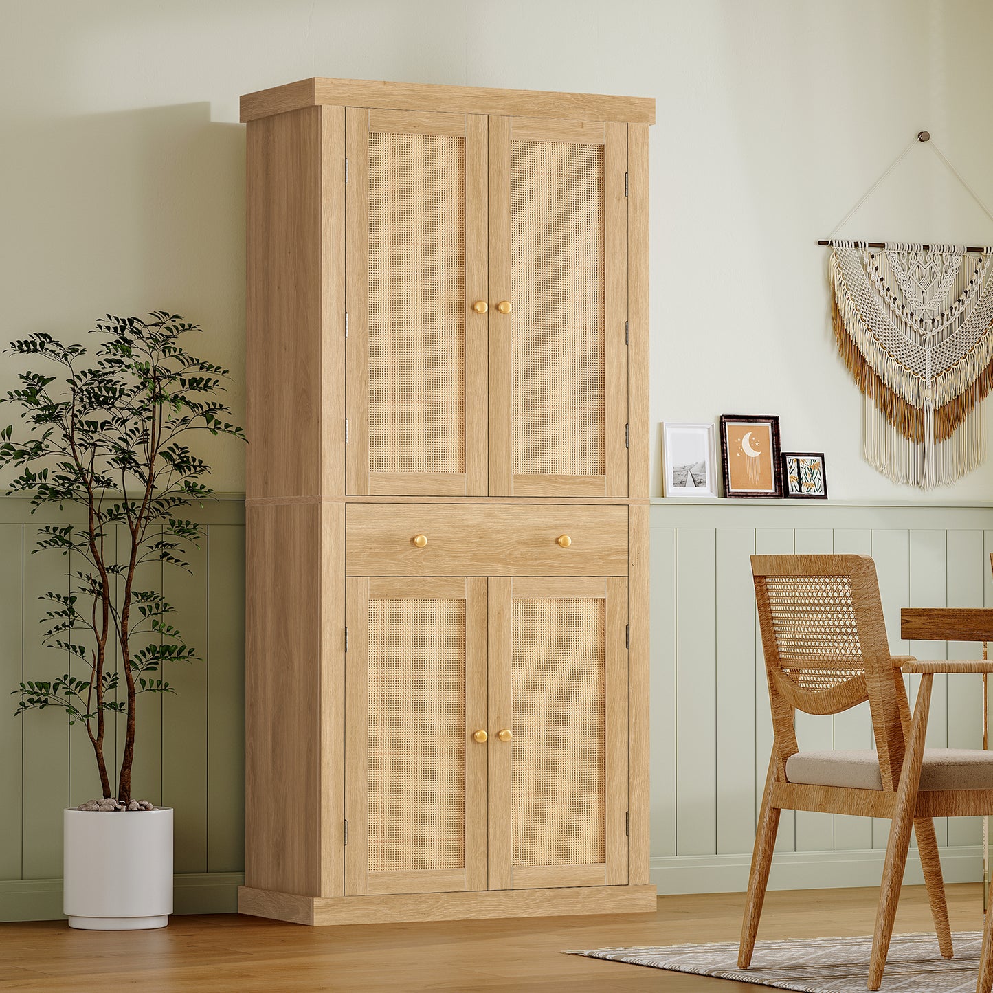 usikey 72?¡À Kitchen Pantry Cabinet, Tall Storage Cabinet with 4 Doors and 1 Drawer, Freestanding Cupboard with 6 Hanging Shelves and Adjustable Shelves for Kitchen, Dining Room,Living Room