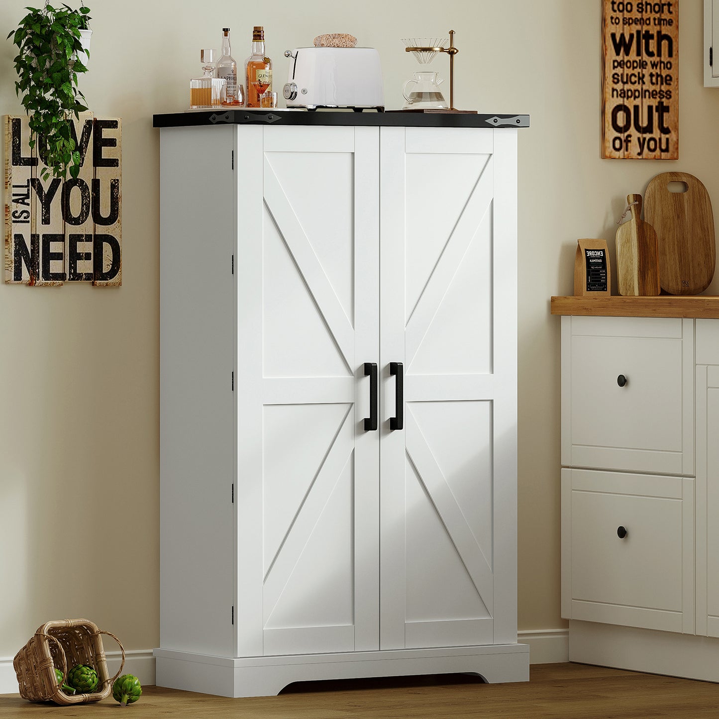 USIKEY Farmhouse Pantry Cabinet, Kitchen Cabinet, Storage Cabinet with Barn Doors, Kitchen Pantry Cabinet with 2 Adjustable Shelves, Tall Cabinet for Kitchen, Dining Room, White
