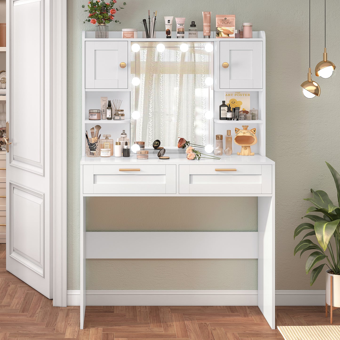 usikey Vanity Desk with Mirror and Lights, Makeup Vanity Table with 2 Drawers, 2 Cabinets & 2 Shelves, Vanity Desk, Vanity Table for Girls Women, Bedroom