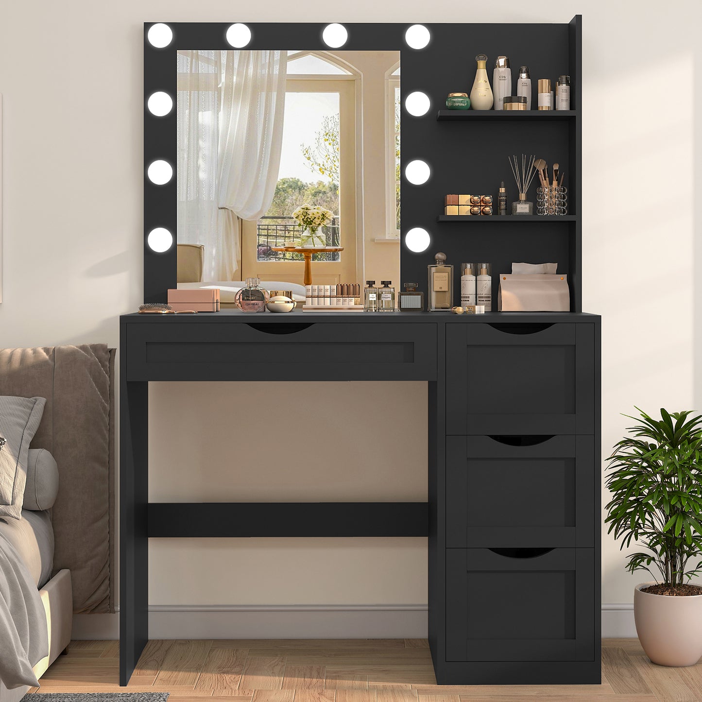 usikey Makeup Vanity Desk with Mirror and 10 LED Lights, Makeup Vanity Table with 4 Drawers, Vanity Desk Dressing Table with 2 Storage Shelves, 3 Color Modes Adjustable Brightness for Bedroom