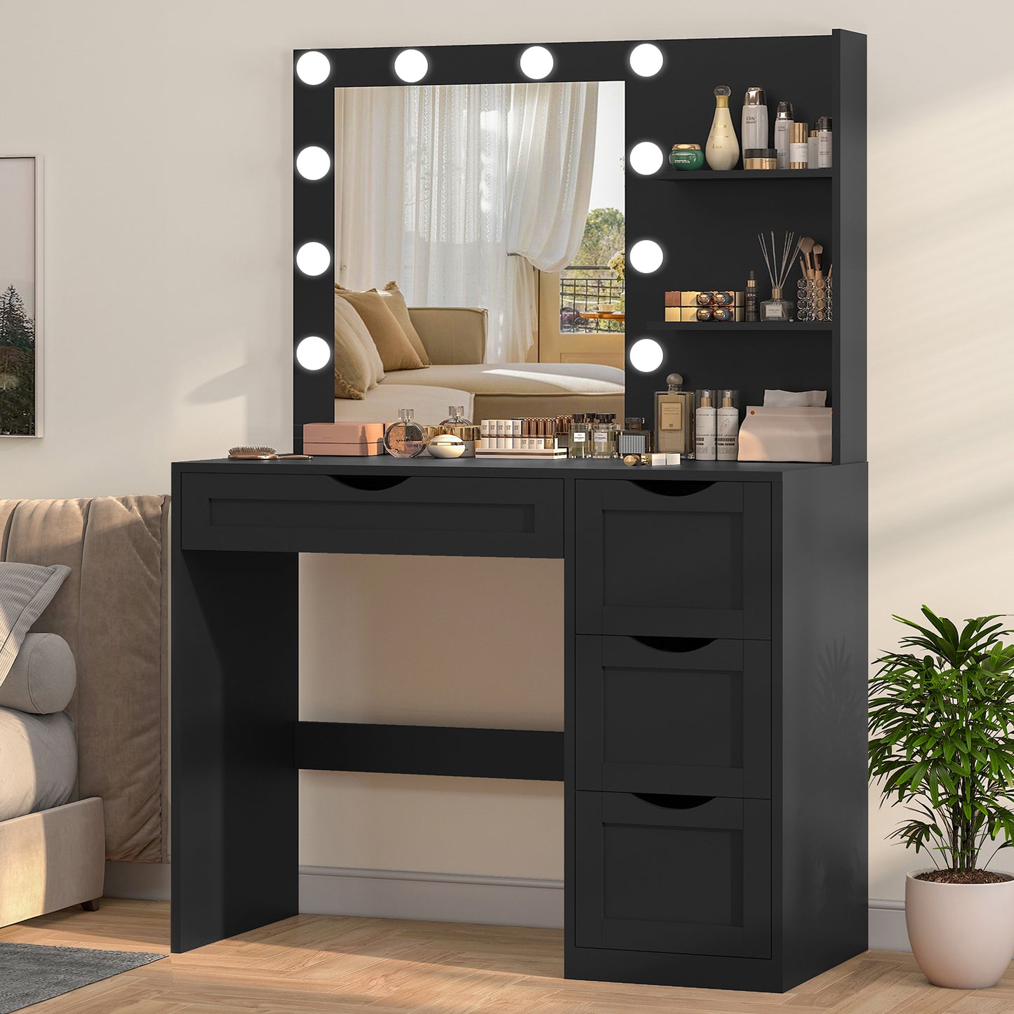 usikey Makeup Vanity Desk with Mirror and 10 LED Lights, Makeup Vanity Table with 4 Drawers, Vanity Desk Dressing Table with 2 Storage Shelves, 3 Color Modes Adjustable Brightness for Bedroom
