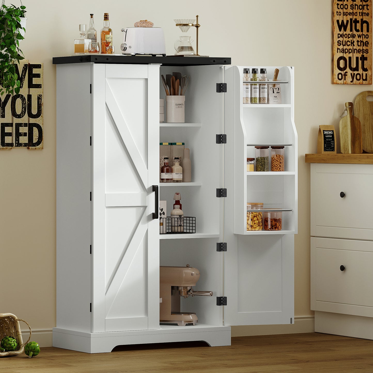 USIKEY Farmhouse Pantry Cabinet, Kitchen Cabinet, Storage Cabinet with Barn Doors, Kitchen Pantry Cabinet with 2 Adjustable Shelves, Tall Cabinet for Kitchen, Dining Room, White