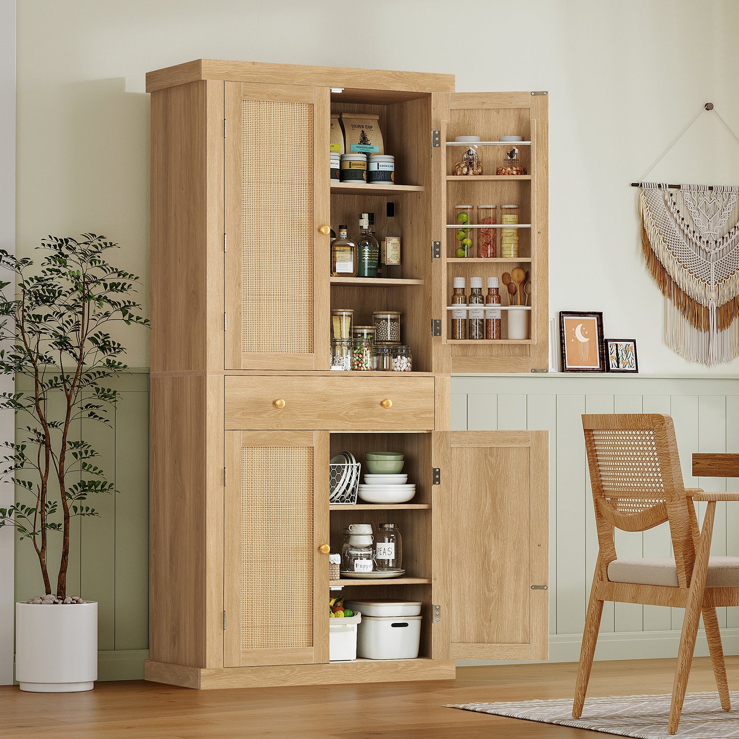 usikey 72"H Kitchen Pantry Cabinet, Tall Storage Cabinet with 4 Doors and 1 Drawer, Freestanding Cupboard with 6 Hanging Shelves and Adjustable Shelves for Kitchen, Dining Room,Living Room