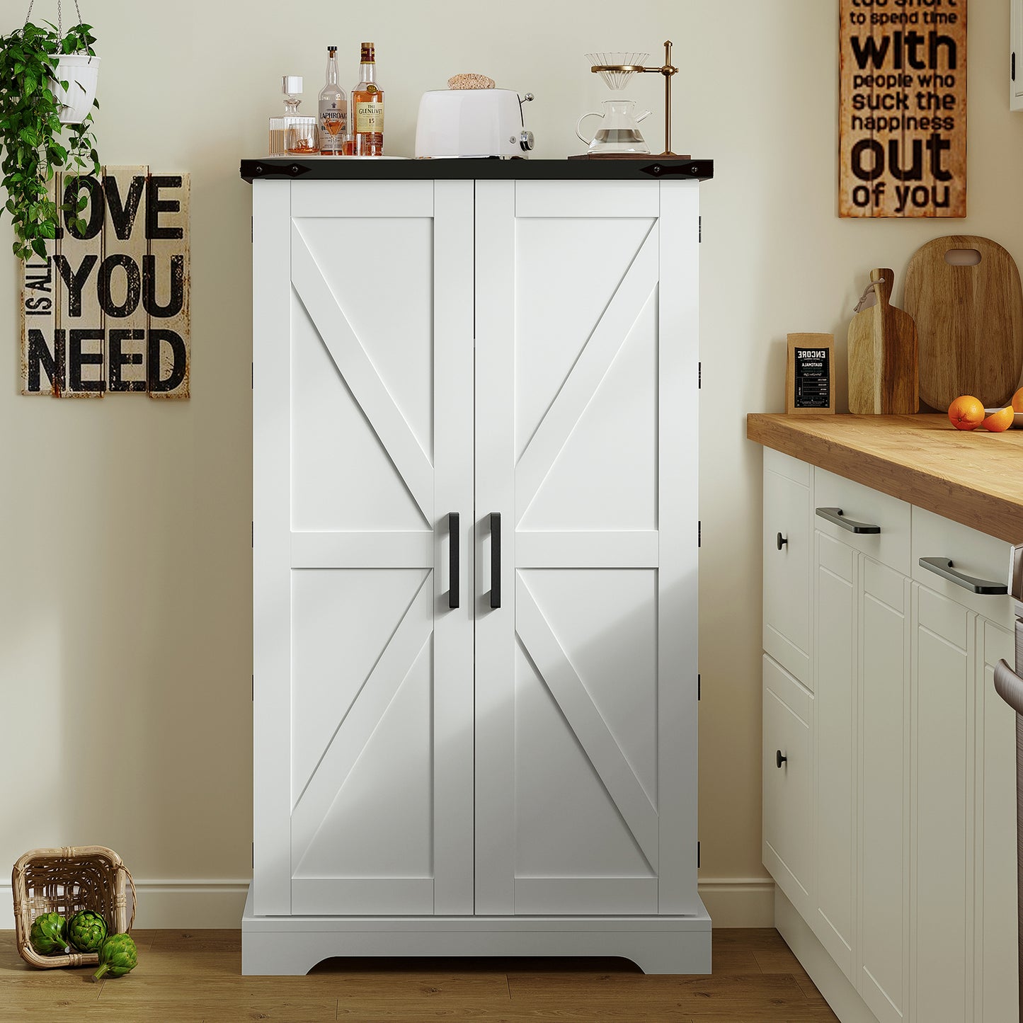 USIKEY Farmhouse Pantry Cabinet, Kitchen Cabinet, Storage Cabinet with Barn Doors, Kitchen Pantry Cabinet with 2 Adjustable Shelves, Tall Cabinet for Kitchen, Dining Room, White