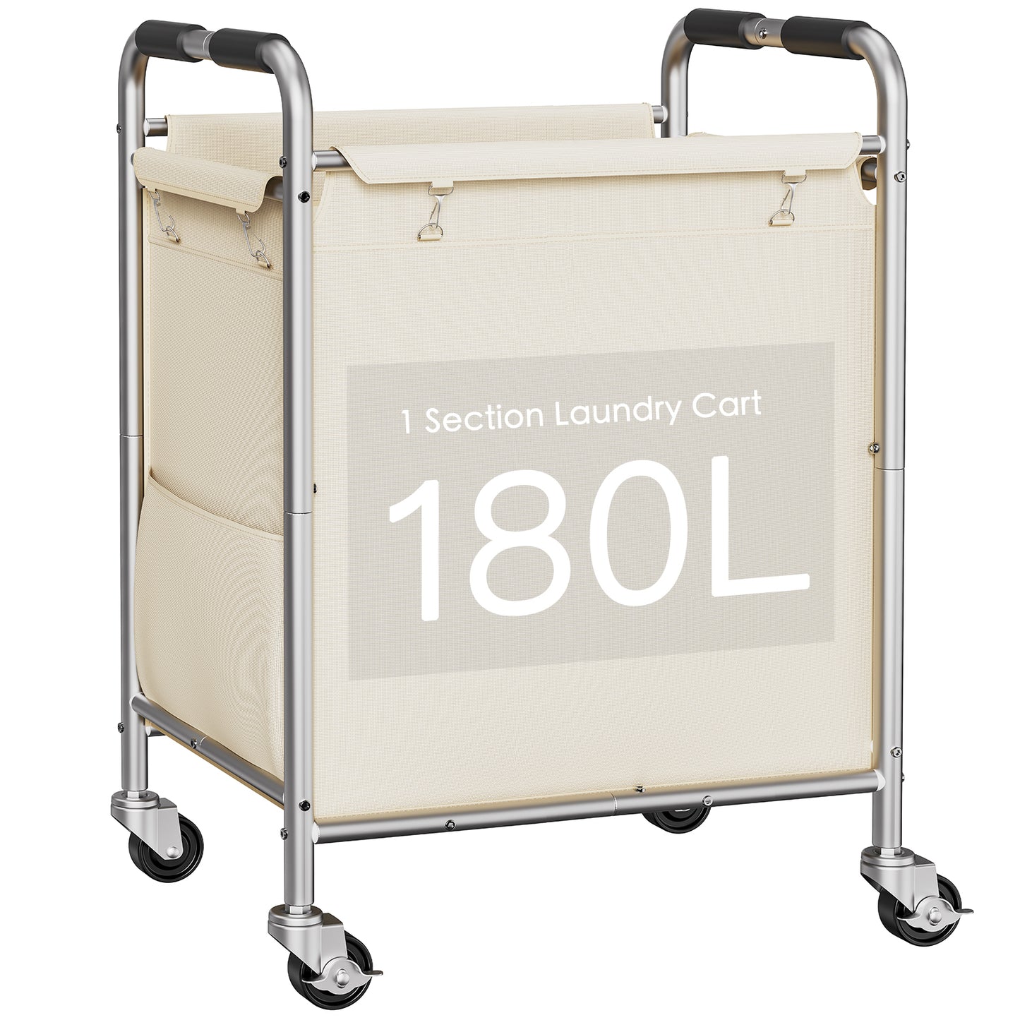 USIKEY Laundry Basket with Wheels, Rolling Laundry Sorter Cart with Side pockets,47.6GAL(180L) Rolling Laundry Hamper with Removable Bag, Beige