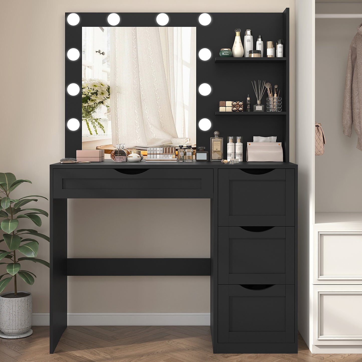usikey Makeup Vanity Desk with Mirror and 10 LED Lights, Makeup Vanity Table with 4 Drawers, Vanity Desk Dressing Table with 2 Storage Shelves, 3 Color Modes Adjustable Brightness for Bedroom