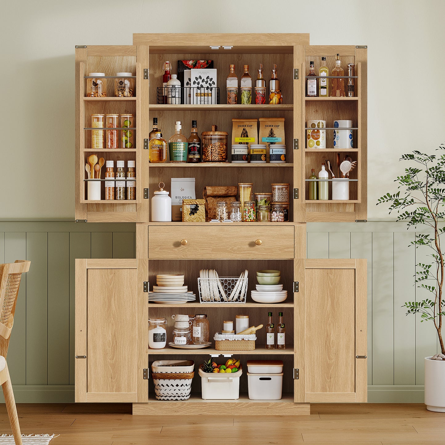 usikey 72?¡À Kitchen Pantry Cabinet, Tall Storage Cabinet with 4 Doors and 1 Drawer, Freestanding Cupboard with 6 Hanging Shelves and Adjustable Shelves for Kitchen, Dining Room,Living Room