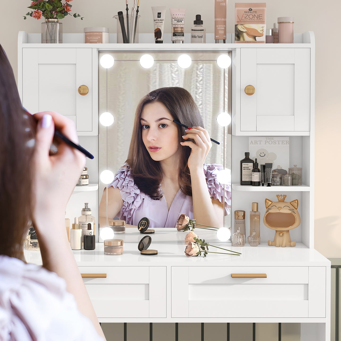 usikey Vanity Desk with Mirror and Lights, Makeup Vanity Table with 2 Drawers, 2 Cabinets & 2 Shelves, Vanity Desk, Vanity Table for Girls Women, Bedroom