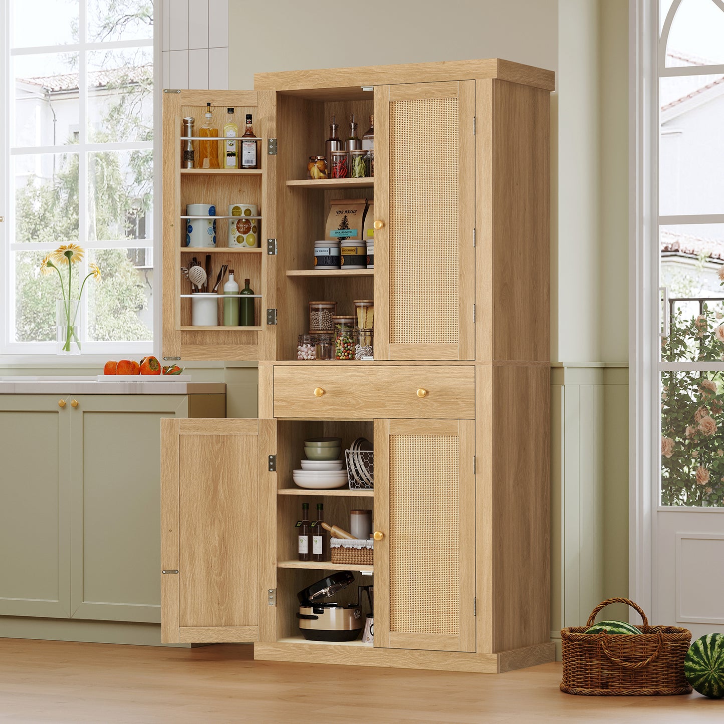 usikey 72?¡À Kitchen Pantry Cabinet, Tall Storage Cabinet with 4 Doors and 1 Drawer, Freestanding Cupboard with 6 Hanging Shelves and Adjustable Shelves for Kitchen, Dining Room,Living Room