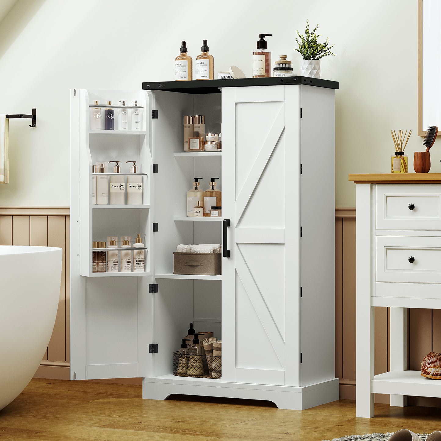 USIKEY Farmhouse Pantry Cabinet, Kitchen Cabinet, Storage Cabinet with Barn Doors, Kitchen Pantry Cabinet with 2 Adjustable Shelves, Tall Cabinet for Kitchen, Dining Room, White