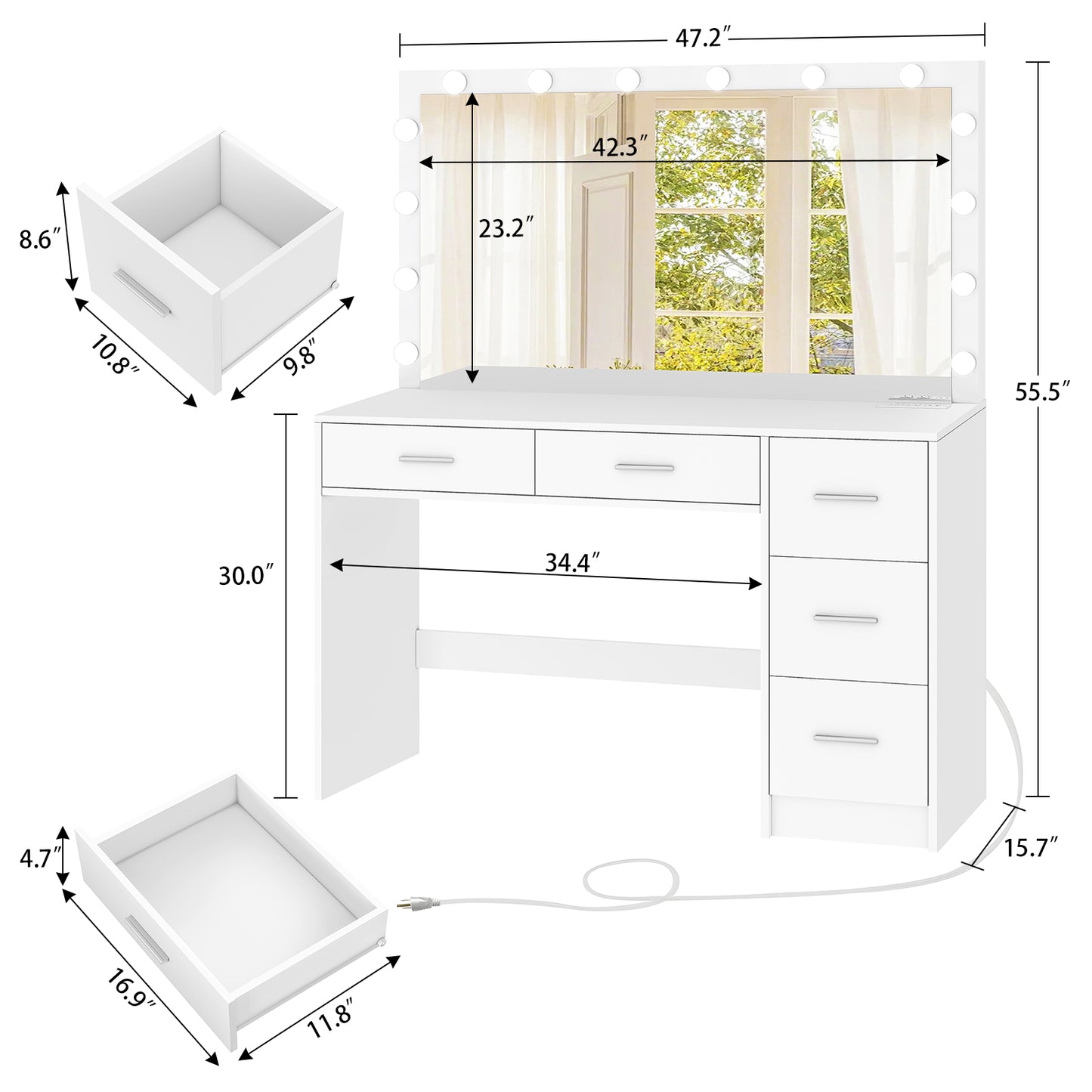 USIKEY 47.2" Large Vanity Desk with Lighted Mirror, 14 Lights, Makeup Vanity Table with 5 Large Drawers & Charging Station