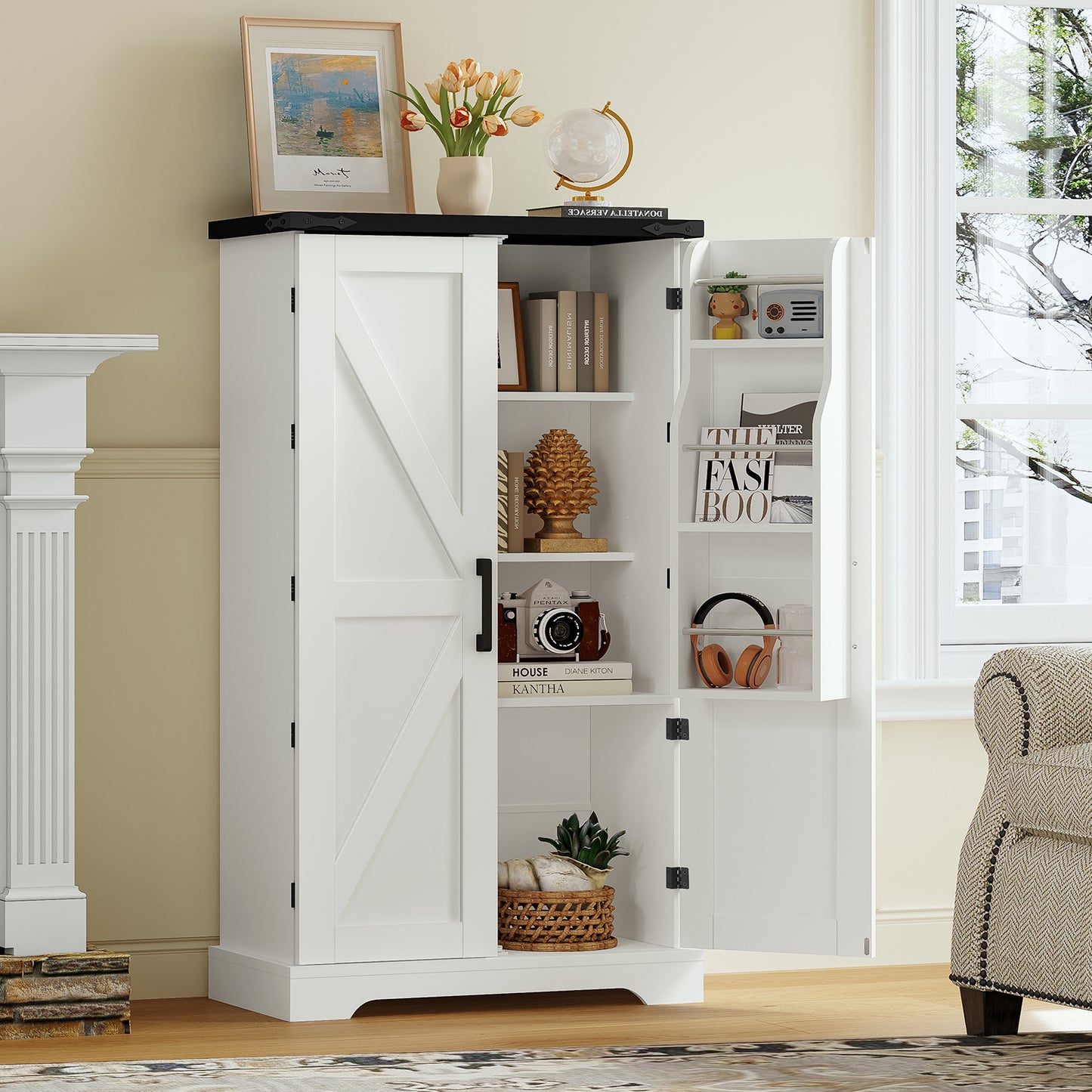 USIKEY Farmhouse Pantry Cabinet, Kitchen Cabinet, Storage Cabinet with Barn Doors, Kitchen Pantry Cabinet with 2 Adjustable Shelves, Tall Cabinet for Kitchen, Dining Room, White