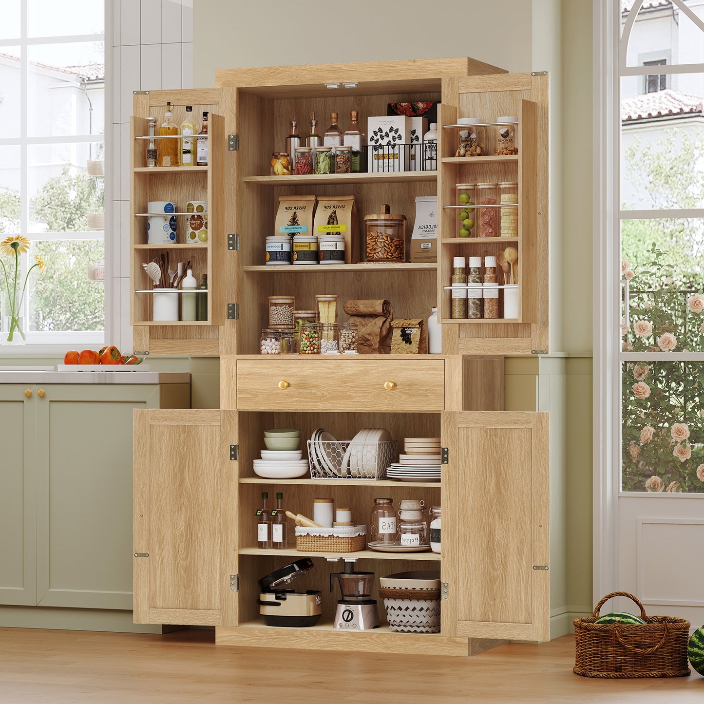 usikey 72?¡À Kitchen Pantry Cabinet, Tall Storage Cabinet with 4 Doors and 1 Drawer, Freestanding Cupboard with 6 Hanging Shelves and Adjustable Shelves for Kitchen, Dining Room,Living Room