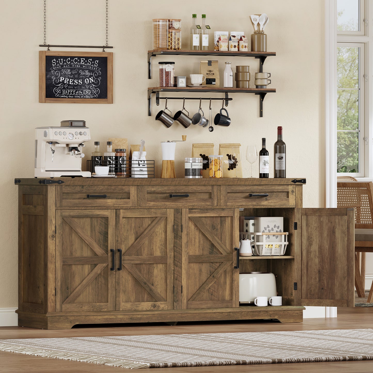 USIKEY Buffet Cabinet, 63” Large Sideboard Buffet Storage Cabinet with 3 Drawers, Farmhouse Coffee Bar with 4 Doors for Kitchen, Living Room