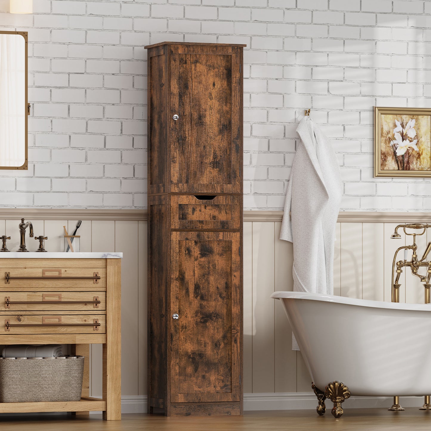 usikey Tall Bathroom Cabinet with Doors, Rattan Storage Cabinet with Adjustable Shelves, Freestanding Narrow Linen Cabinet for Living Room, Entryway, Kitchen, Home Office, Natural
