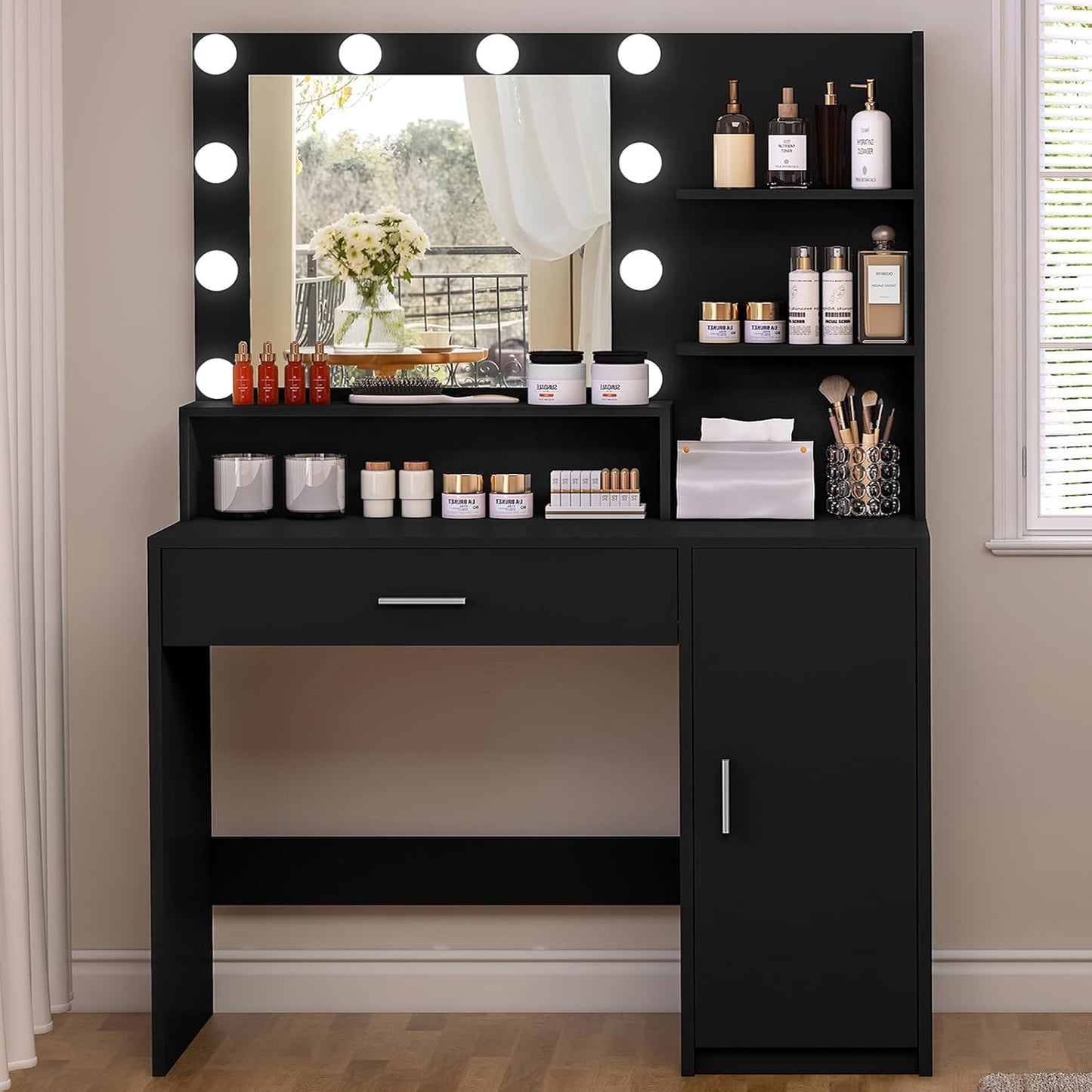 USIKEY Makeup Vanity Desk with Mirror and Lights, Vanity Desk with Large Drawer & Shelves & Cabinet, 3 Color Modes & Adjustable Brightness