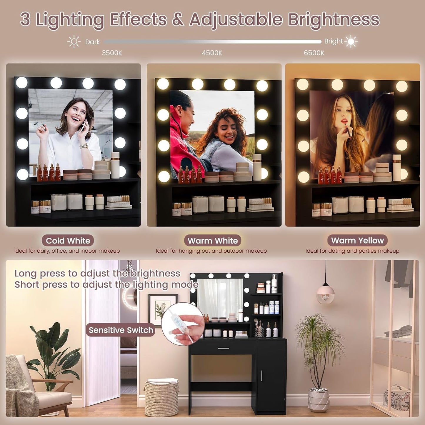 USIKEY Makeup Vanity Desk with Mirror and Lights, Vanity Desk with Large Drawer & Shelves & Cabinet, 3 Color Modes & Adjustable Brightness