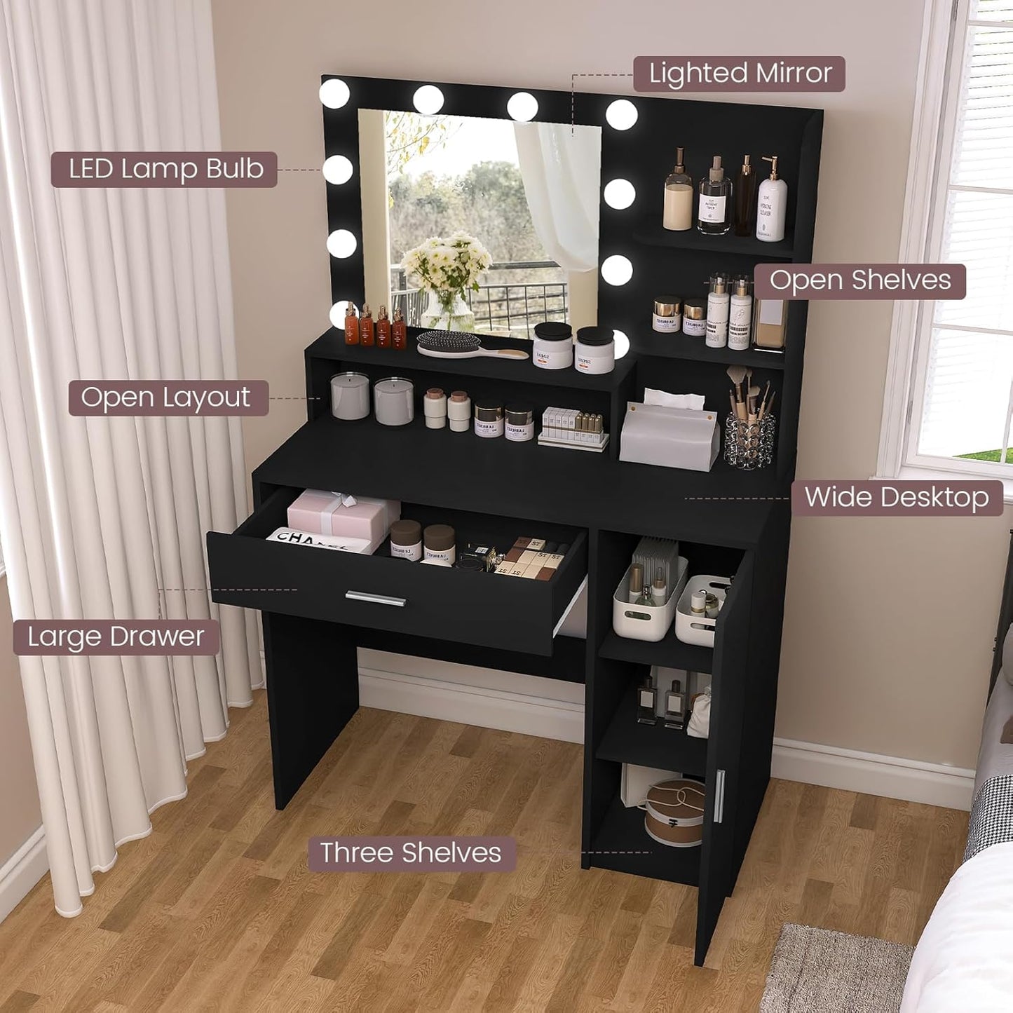 USIKEY Makeup Vanity Desk with Mirror and Lights, Vanity Desk with Large Drawer & Shelves & Cabinet, 3 Color Modes & Adjustable Brightness