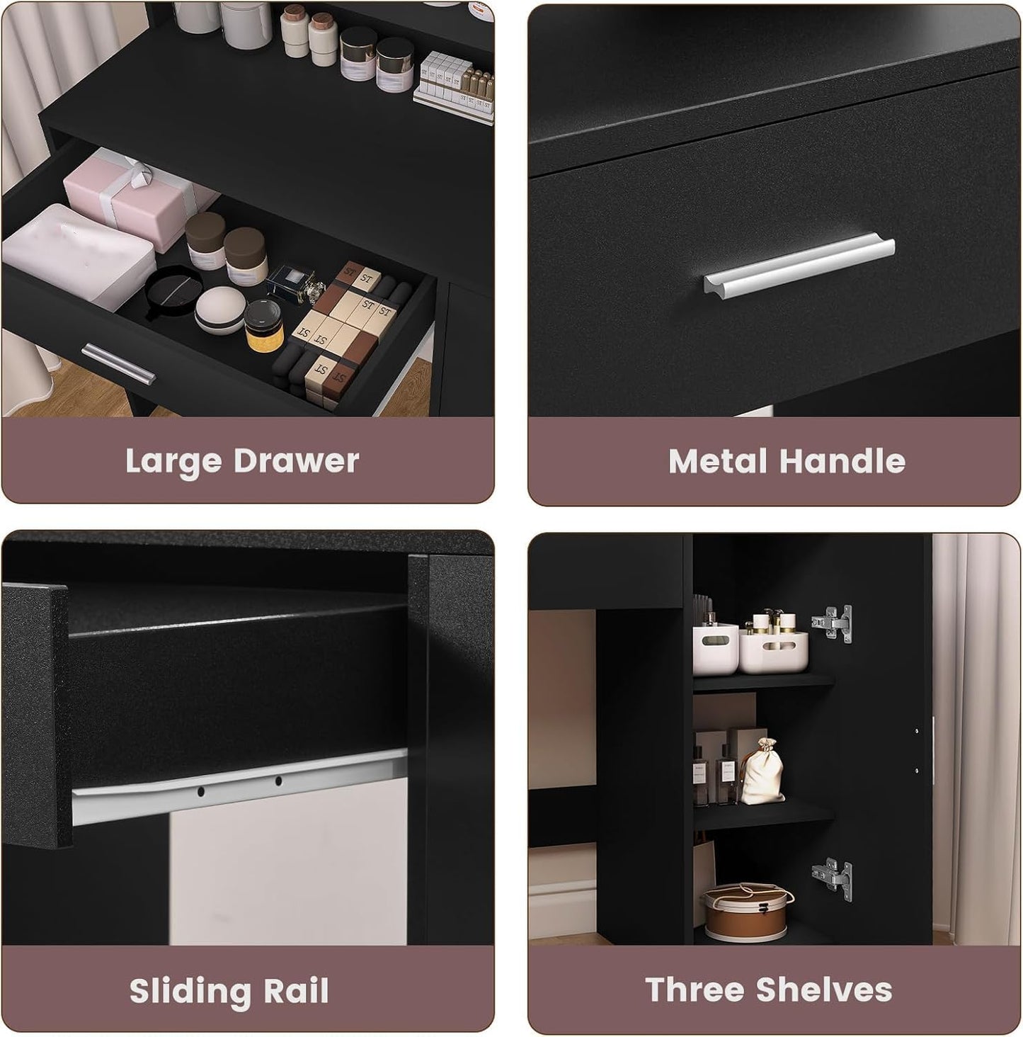 USIKEY Makeup Vanity Desk with Mirror and Lights, Vanity Desk with Large Drawer & Shelves & Cabinet, 3 Color Modes & Adjustable Brightness