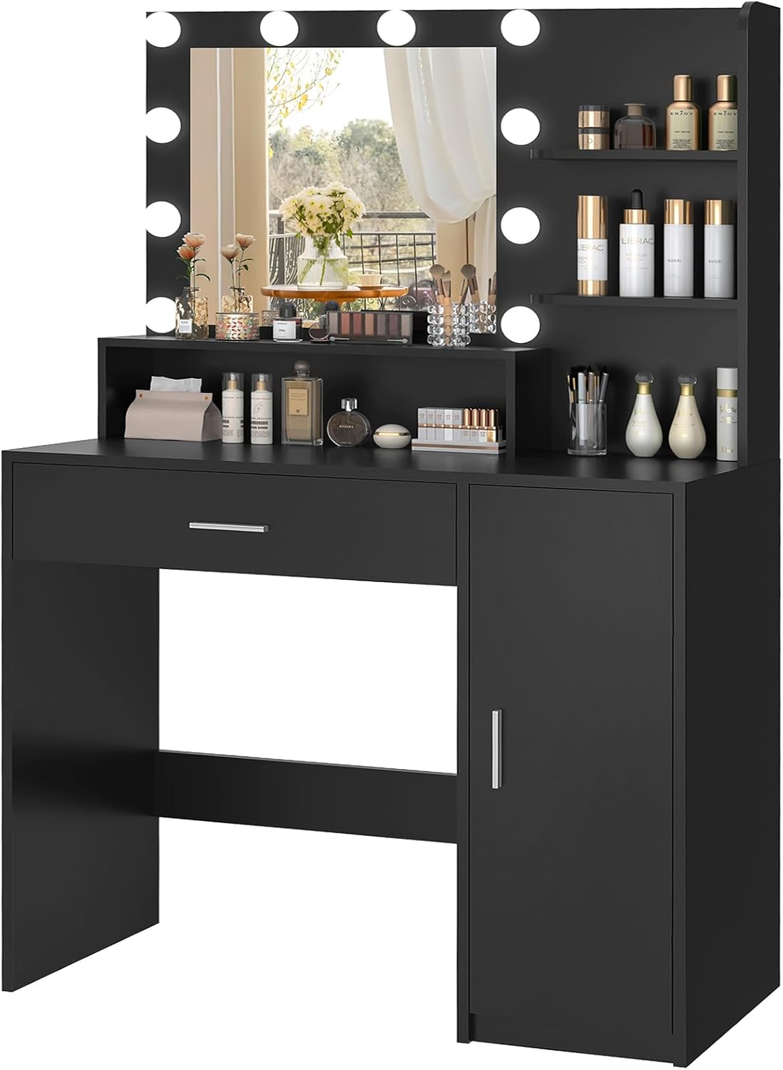 USIKEY Makeup Vanity Desk with Mirror and Lights, Vanity Desk with Large Drawer & Shelves & Cabinet, 3 Color Modes & Adjustable Brightness