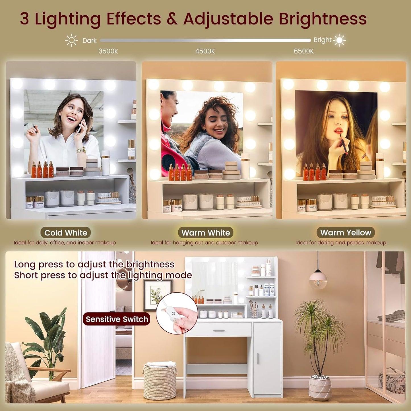 USIKEY Makeup Vanity Desk with Mirror and Lights, Vanity Desk with Large Drawer & Shelves & Cabinet, 3 Color Modes & Adjustable Brightness