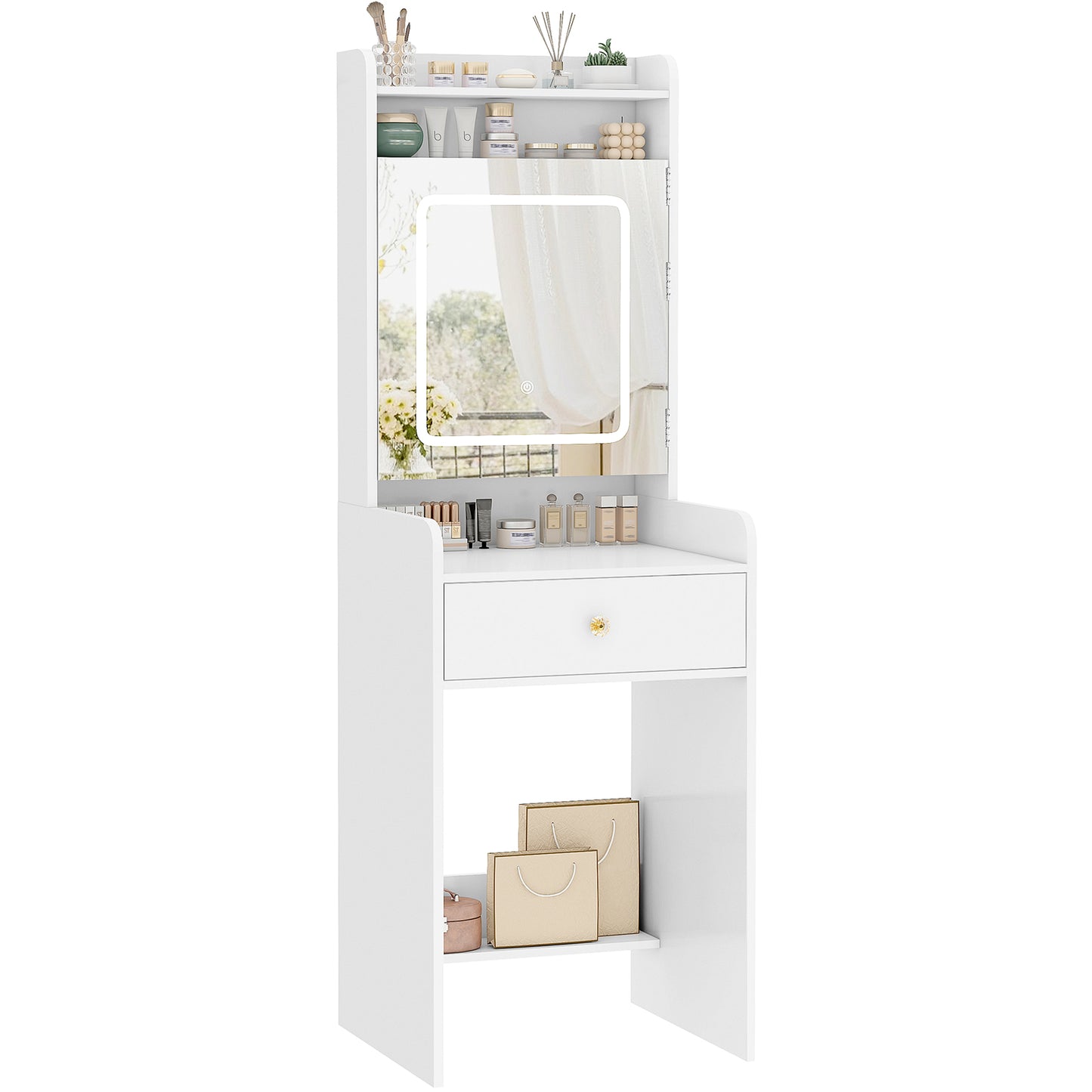 USIKEY Vanity Desk, Small Vanity with LED Lights, Makeup Vanity with Mirror for Bedrooms,Makeup Vanity Desk with 1 Drawers and 6 Shelves for White