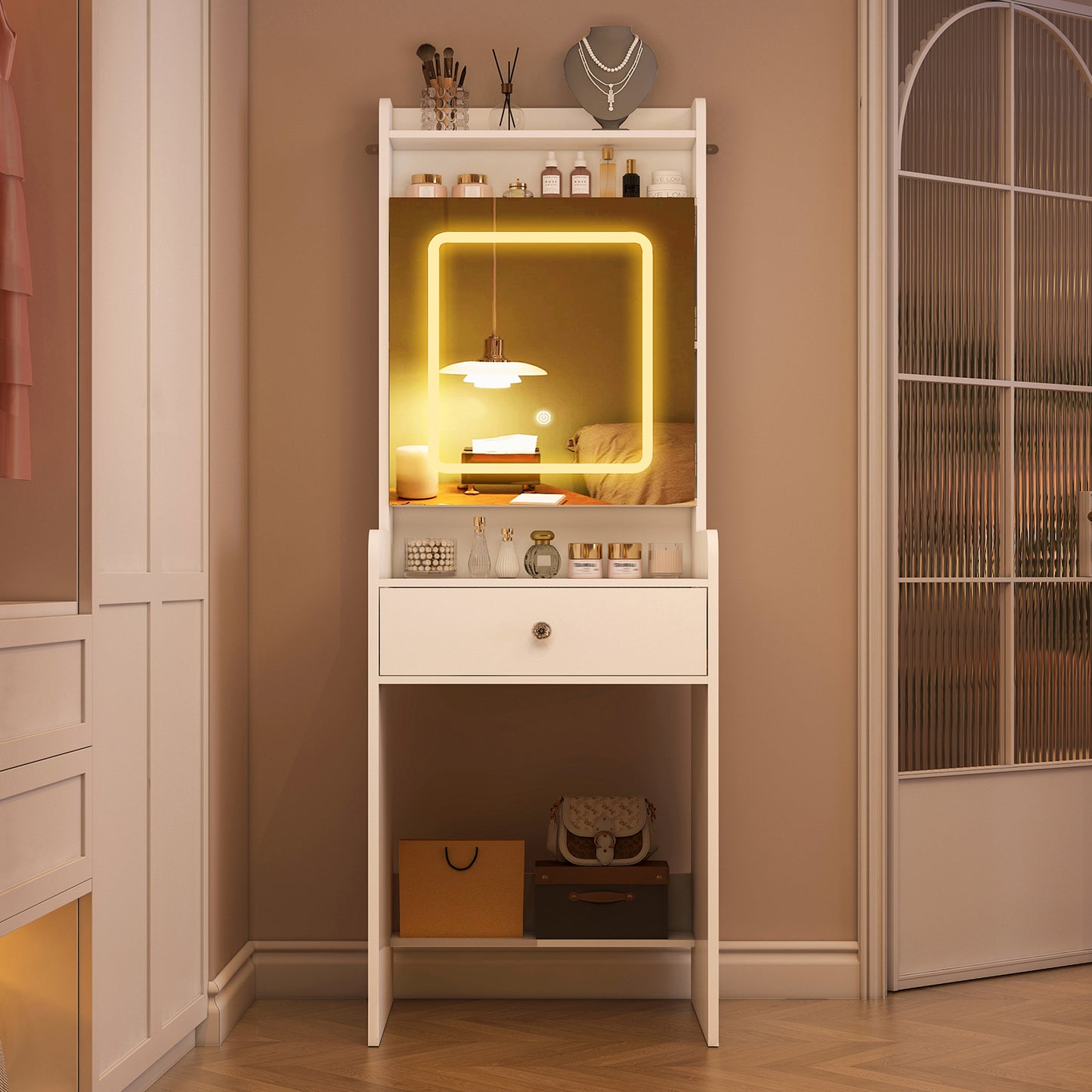 USIKEY Vanity Desk, Small Vanity with LED Lights, Makeup Vanity with Mirror for Bedrooms,Makeup Vanity Desk with 1 Drawers and 6 Shelves for White