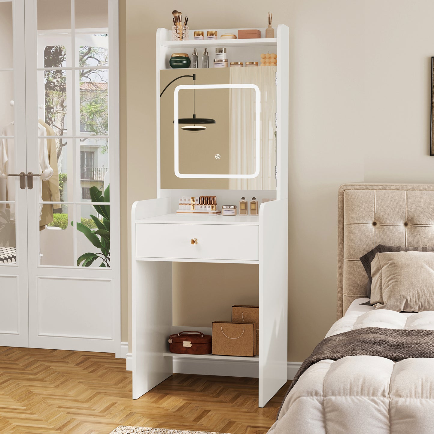 USIKEY Vanity Desk, Small Vanity with LED Lights, Makeup Vanity with Mirror for Bedrooms,Makeup Vanity Desk with 1 Drawers and 6 Shelves for White