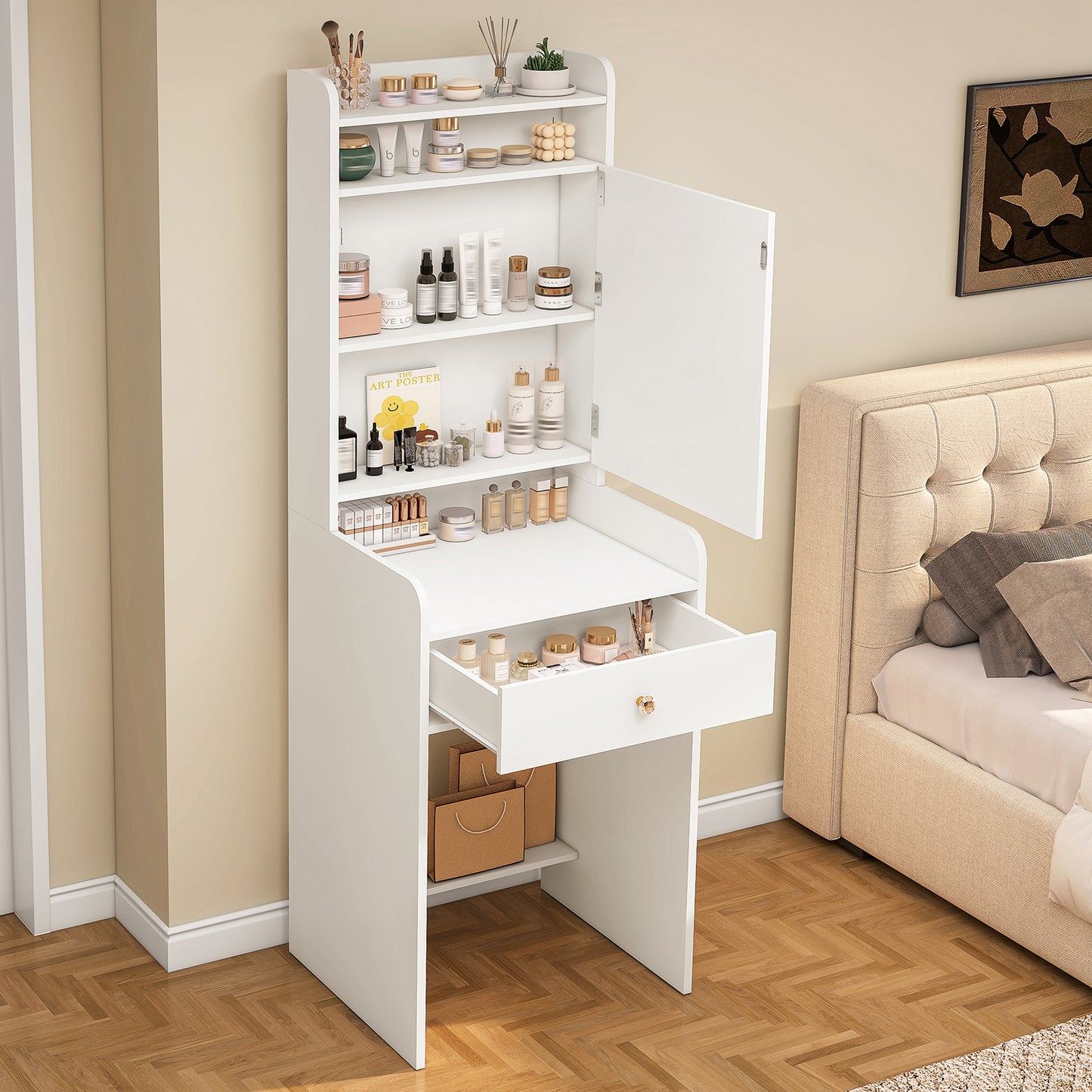 USIKEY Vanity Desk, Small Vanity with LED Lights, Makeup Vanity with Mirror for Bedrooms,Makeup Vanity Desk with 1 Drawers and 6 Shelves for White
