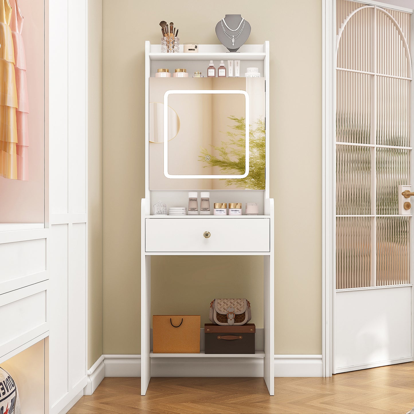 USIKEY Vanity Desk, Small Vanity with LED Lights, Makeup Vanity with Mirror for Bedrooms,Makeup Vanity Desk with 1 Drawers and 6 Shelves for White