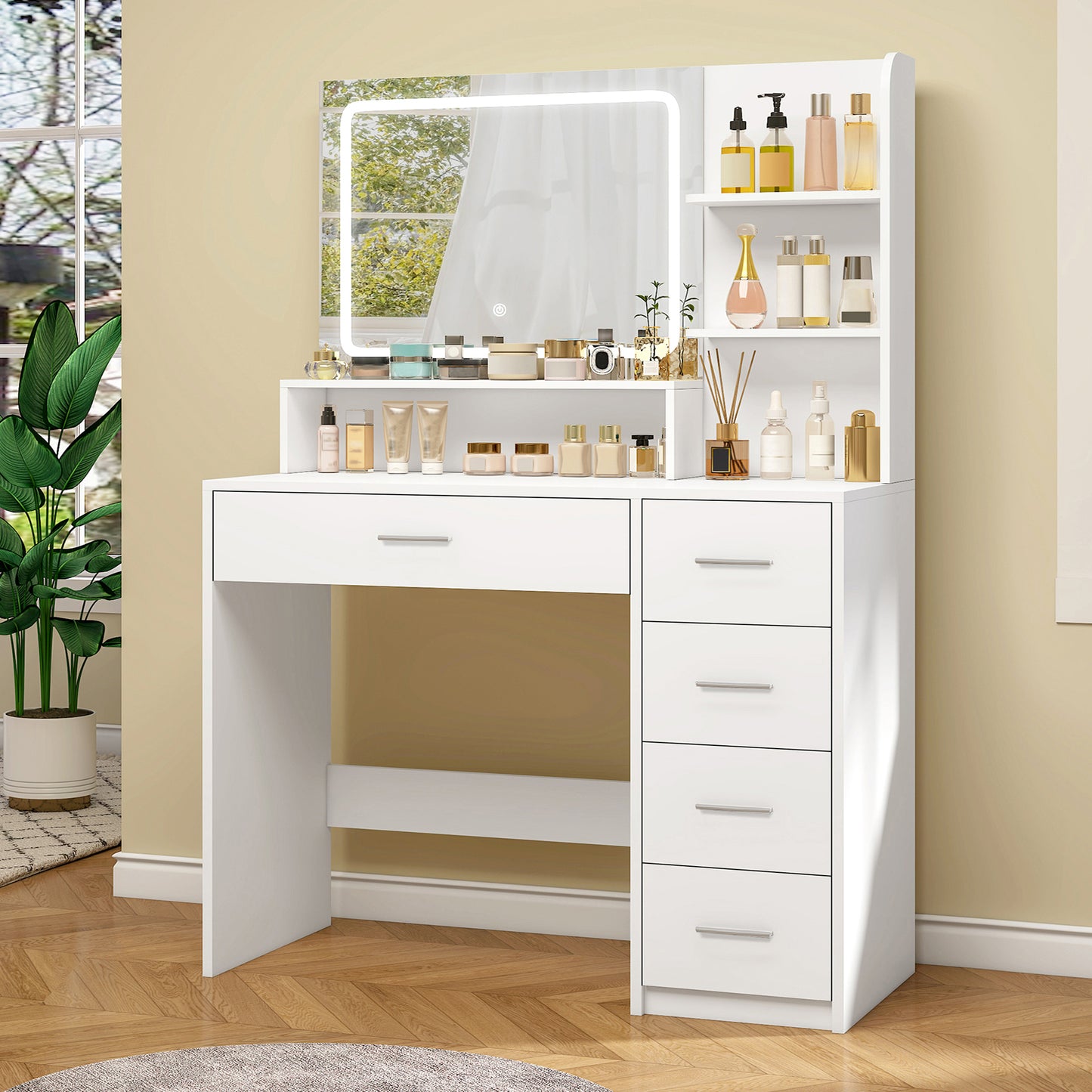 USIKEY Makeup Vanity Desk with LIighted Mirror, Vanity Desk with 5 Drawers, 3 Color Modes & Adjustable Brightness Dressing Table, Bedroom 