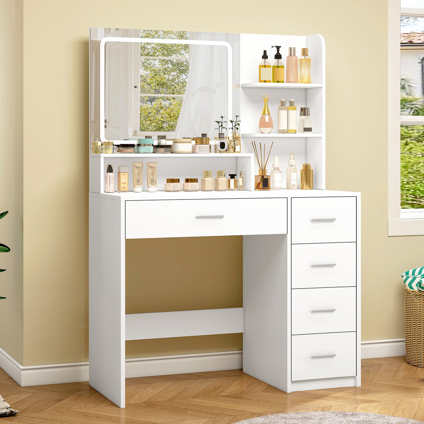 USIKEY Makeup Vanity Desk with LIighted Mirror, Vanity Desk with 5 Drawers, 3 Color Modes & Adjustable Brightness Dressing Table, Bedroom 