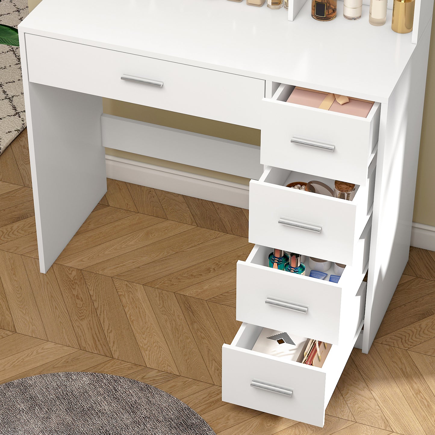 USIKEY Makeup Vanity Desk with LIighted Mirror, Vanity Desk with 5 Drawers, 3 Color Modes & Adjustable Brightness Dressing Table, Bedroom 