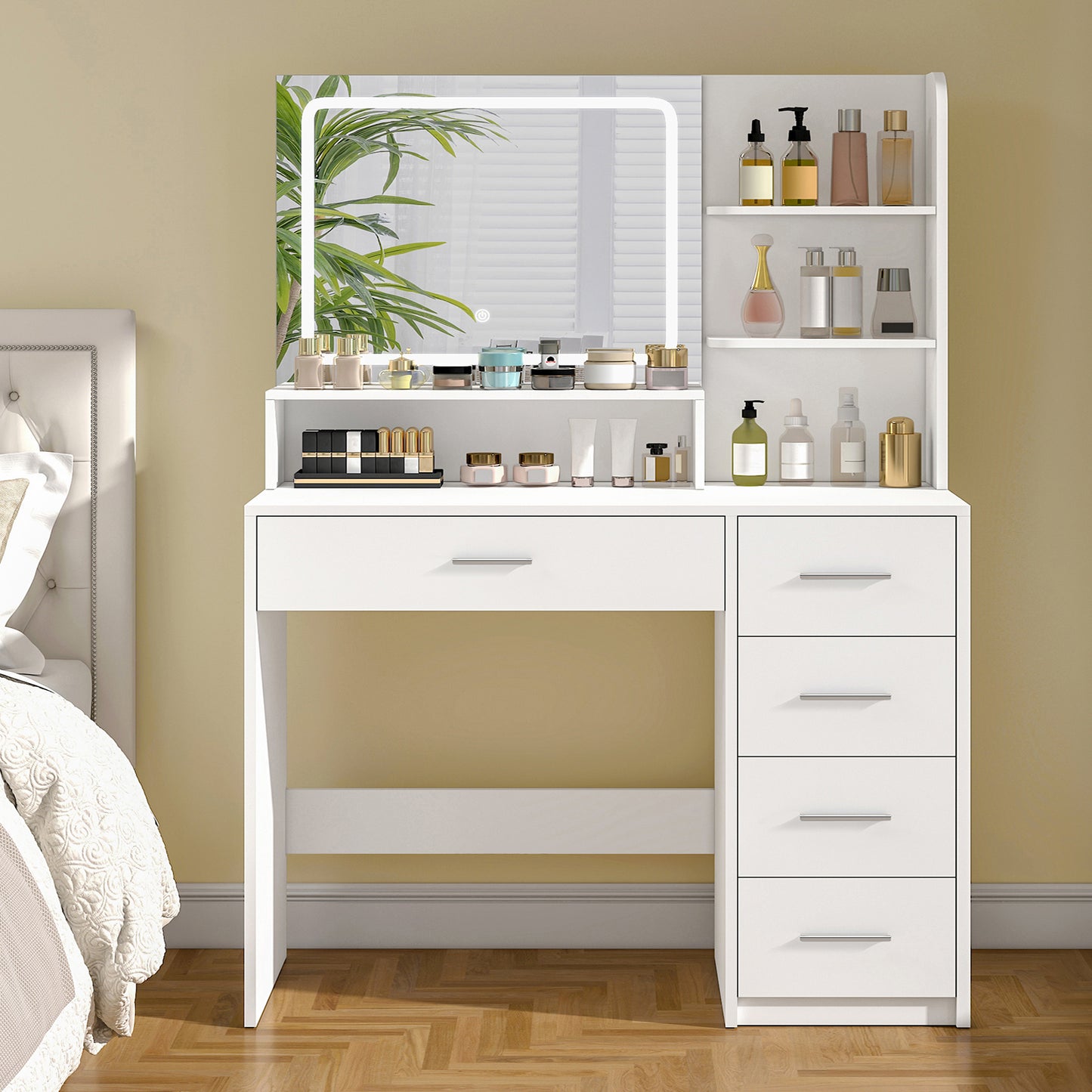 USIKEY Makeup Vanity Desk with LIighted Mirror, Vanity Desk with 5 Drawers, 3 Color Modes & Adjustable Brightness Dressing Table, Bedroom 
