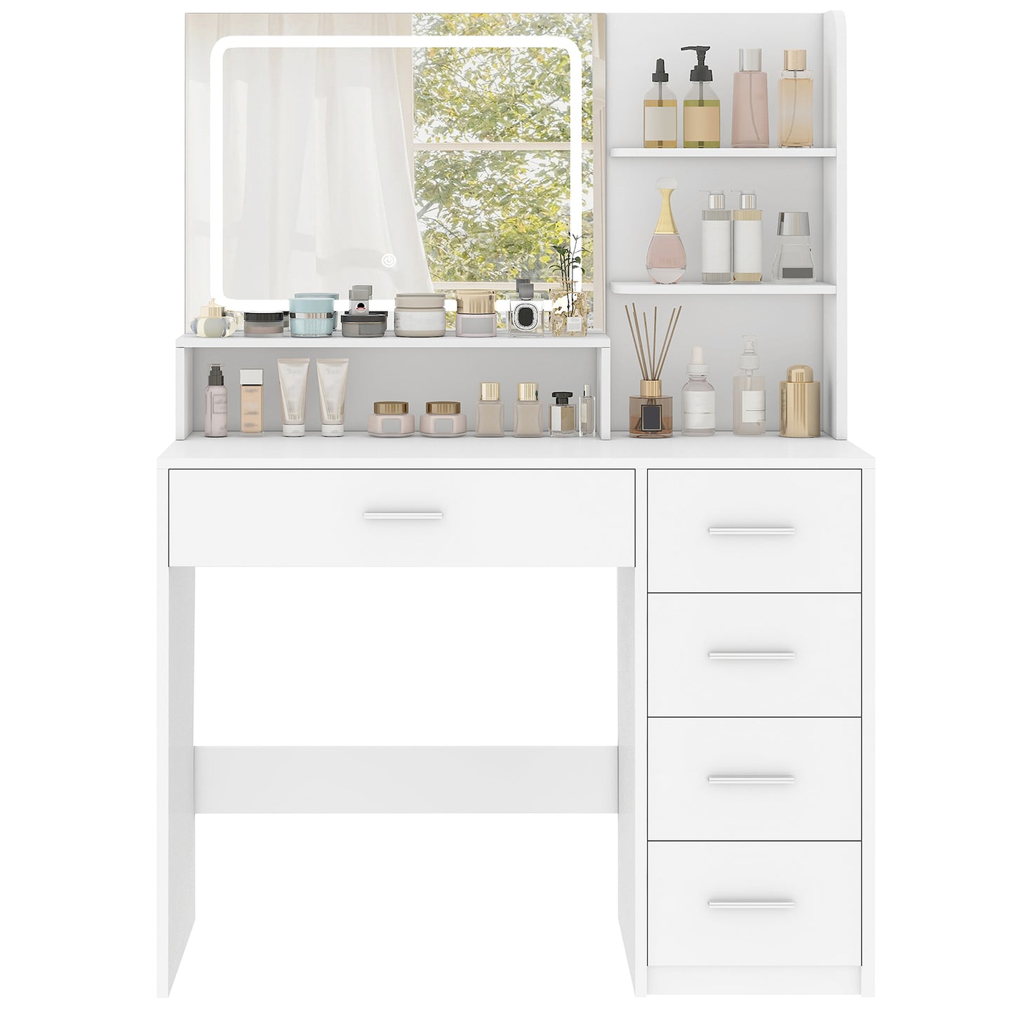 USIKEY Makeup Vanity Desk with LIighted Mirror, Vanity Desk with 5 Drawers, 3 Color Modes & Adjustable Brightness Dressing Table, Bedroom 