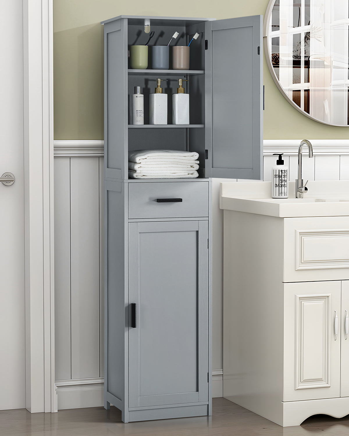 usikey 67" Tall Bathroom Cabinet, Storage Cabinet with 4 Shelves & 2 Doors, Narrow Storage Cabinet for Bathroom, Living Room, Home Office, Grey
