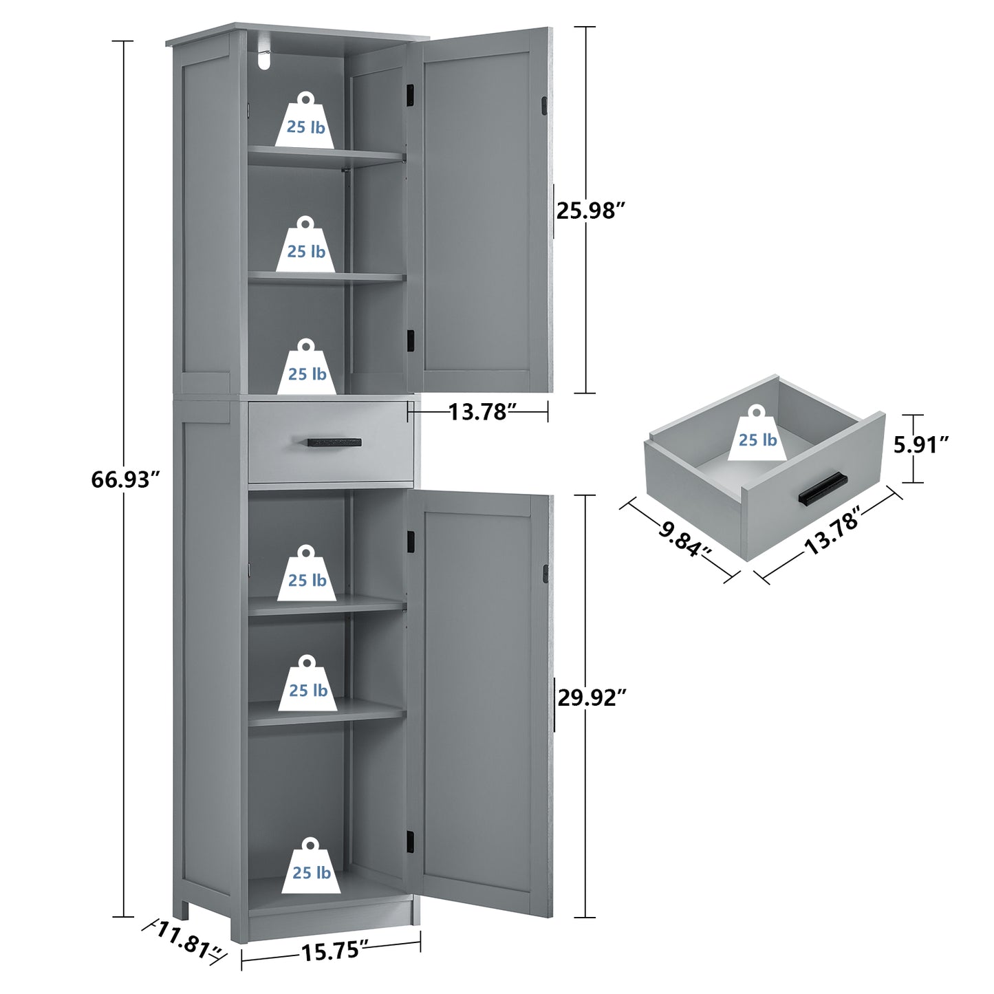 usikey 67" Tall Bathroom Cabinet, Storage Cabinet with 4 Shelves & 2 Doors, Narrow Storage Cabinet for Bathroom, Living Room, Home Office, Grey