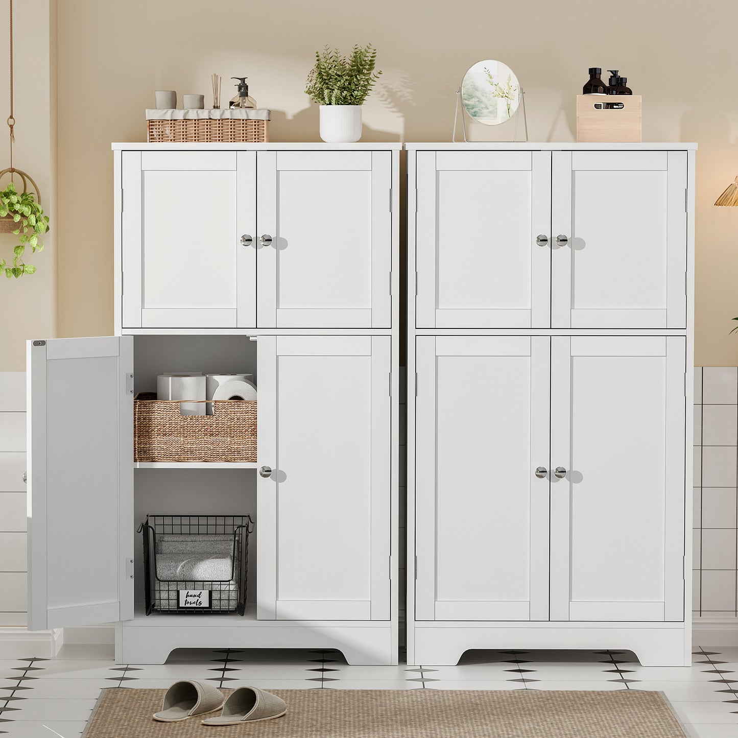 USIKEY Storage Cabinet, Bathroom Cabinet with 4 Doors & Adjustable Shelf, Bathroom Floor Cabinet for Living Room, Entryway, Home Office