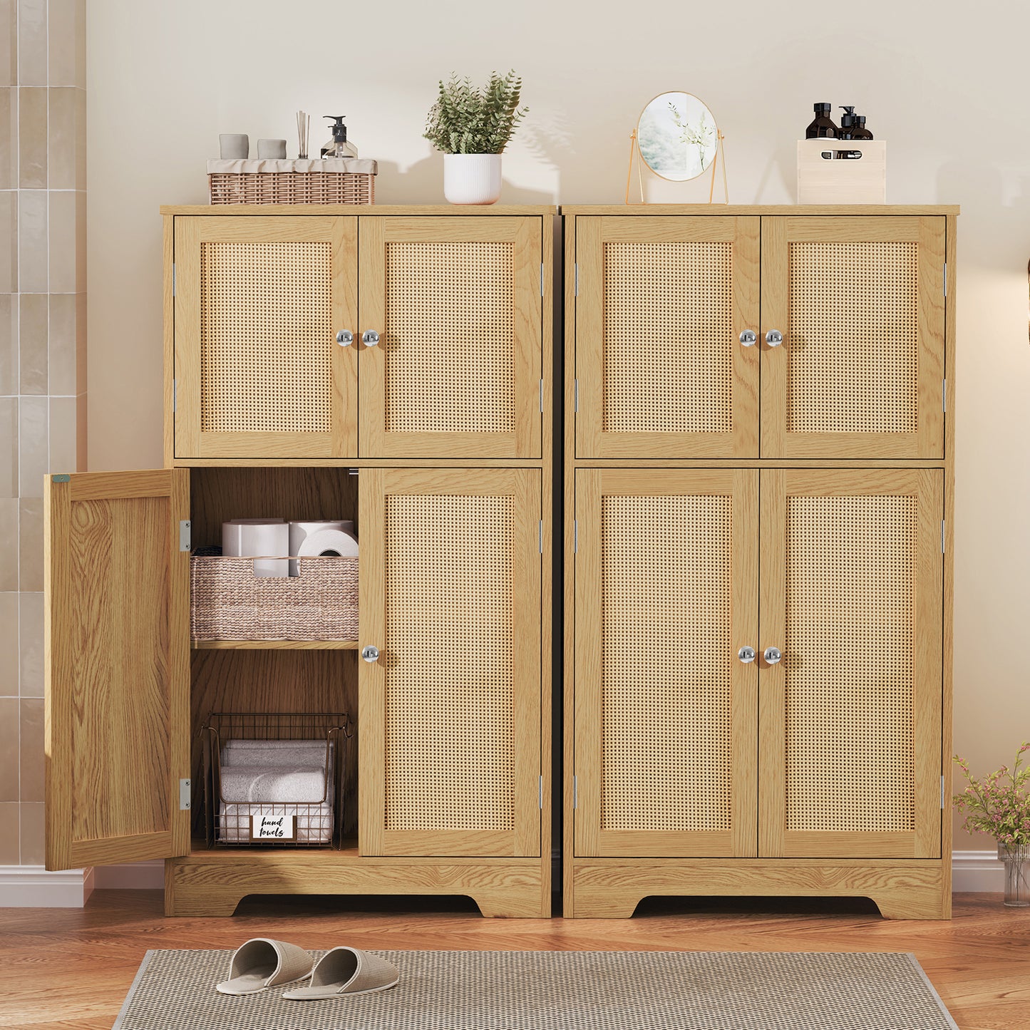 USIKEY Storage Cabinet, Bathroom Cabinet with 4 Doors & Adjustable Shelf, Bathroom Floor Cabinet for Living Room, Entryway, Home Office