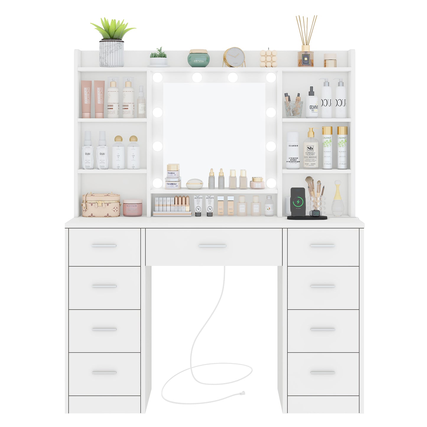 USIKEY Vanity Desk with Mirror and Lights, Power Outlet, Makeup Vanity with 9 Drawers & 6 Open Storage Shelves, 3 Lighting Modes Brightness Adjustable