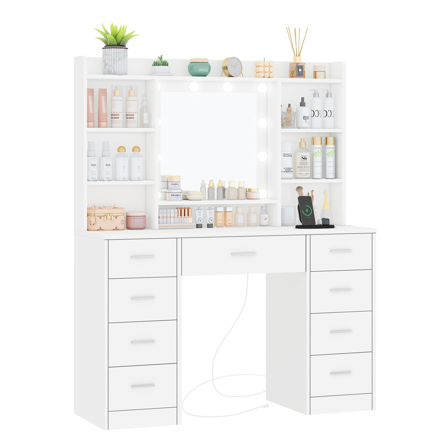 USIKEY Vanity Desk with Mirror and Lights, Power Outlet, Makeup Vanity with 9 Drawers & 6 Open Storage Shelves, 3 Lighting Modes Brightness Adjustable