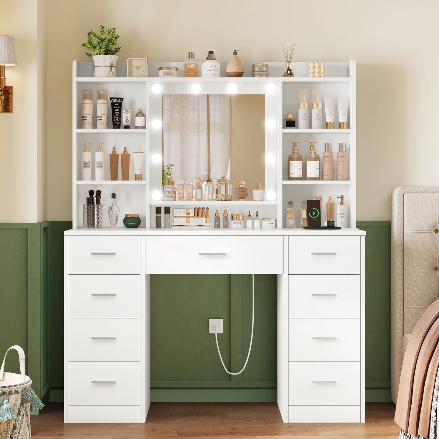 USIKEY Vanity Desk with Mirror and Lights, Power Outlet, Makeup Vanity with 9 Drawers & 6 Open Storage Shelves, 3 Lighting Modes Brightness Adjustable