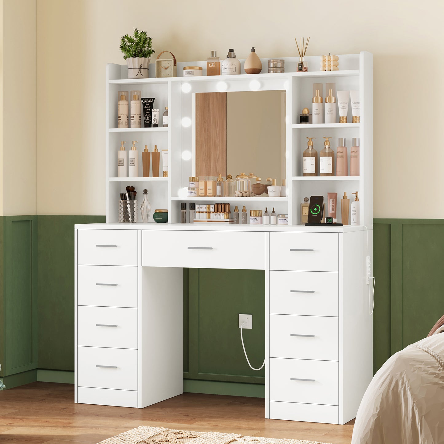 USIKEY Vanity Desk with Mirror and Lights, Power Outlet, Makeup Vanity with 9 Drawers & 6 Open Storage Shelves, 3 Lighting Modes Brightness Adjustable