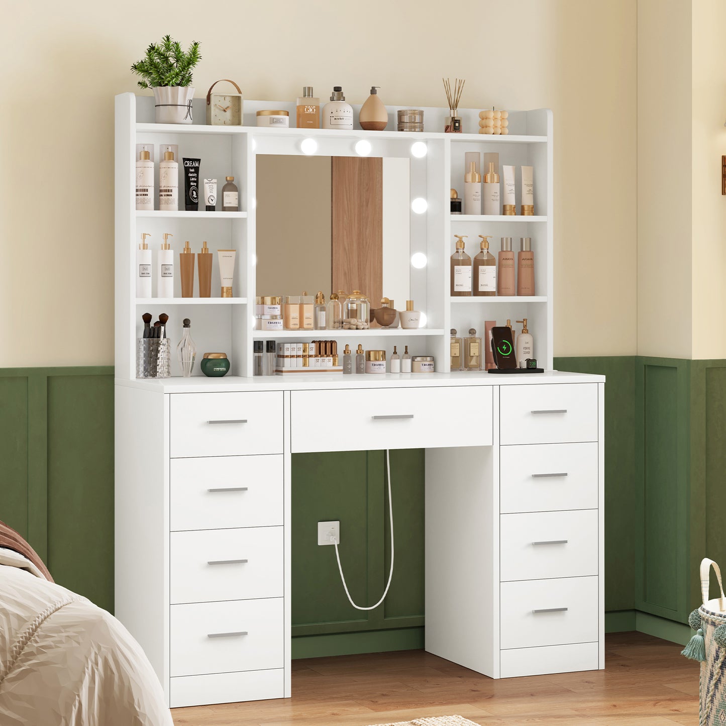 USIKEY Vanity Desk with Mirror and Lights, Power Outlet, Makeup Vanity with 9 Drawers & 6 Open Storage Shelves, 3 Lighting Modes Brightness Adjustable