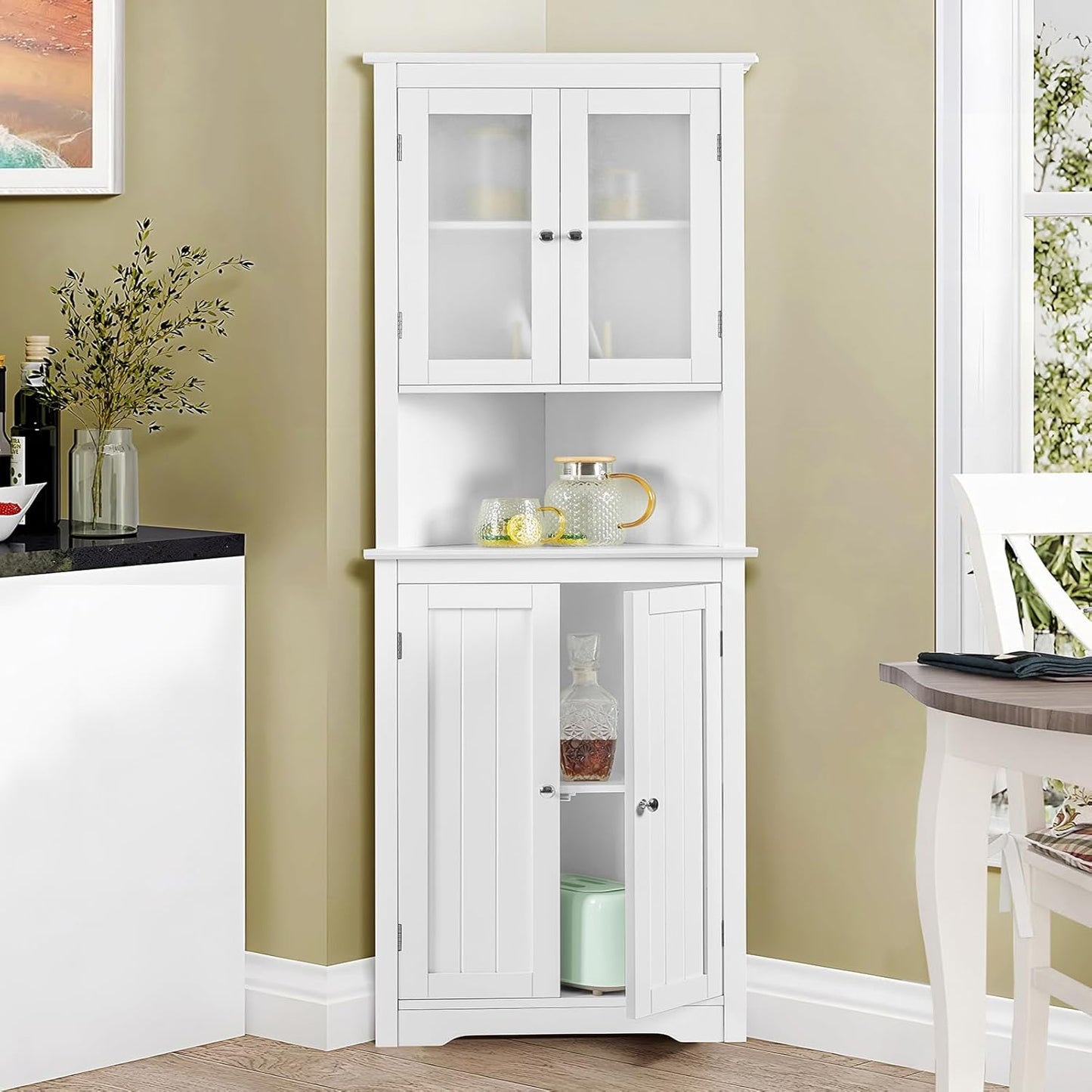 USIKEY 63.8" Tall Corner Cabinet with 4 Doors and 5 Storage Shelves, Corner Bathroom Cabinet, Freestanding Storage Cabinet for Bathroom, Living Room