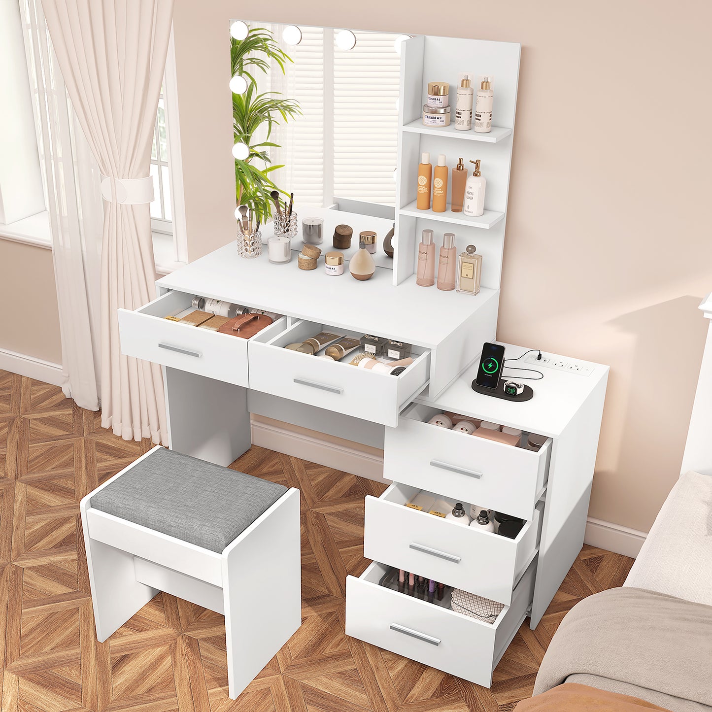 USIKEY Large Vanity Desk with Mirror & 10 LED Lights, Makeup Vanity Dressing Table with Power Strip, Storage Shelves & 5 Drawers
