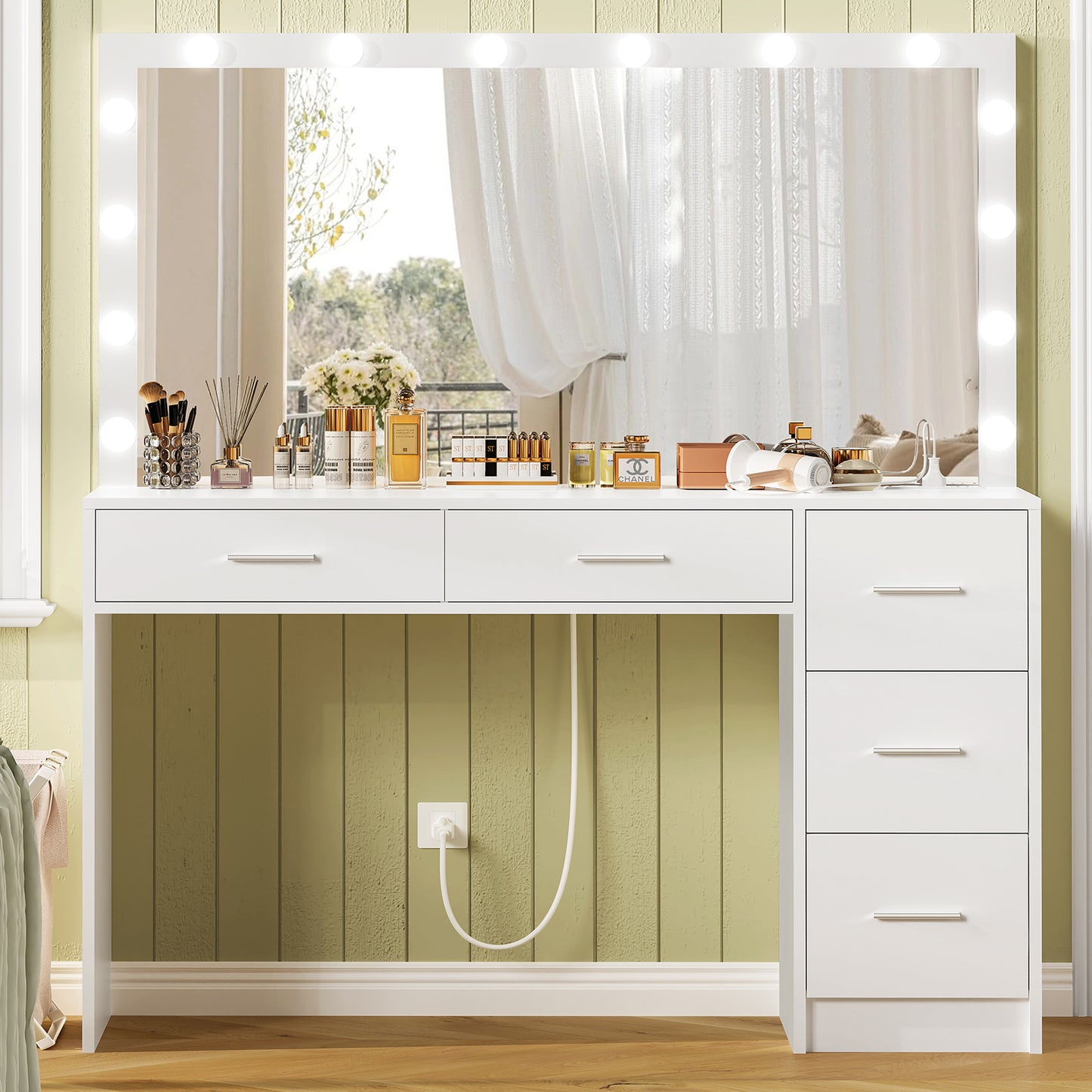 USIKEY 47.2" Large Vanity Desk with Lighted Mirror, 14 Lights, Makeup Vanity Table with 5 Large Drawers & Charging Station