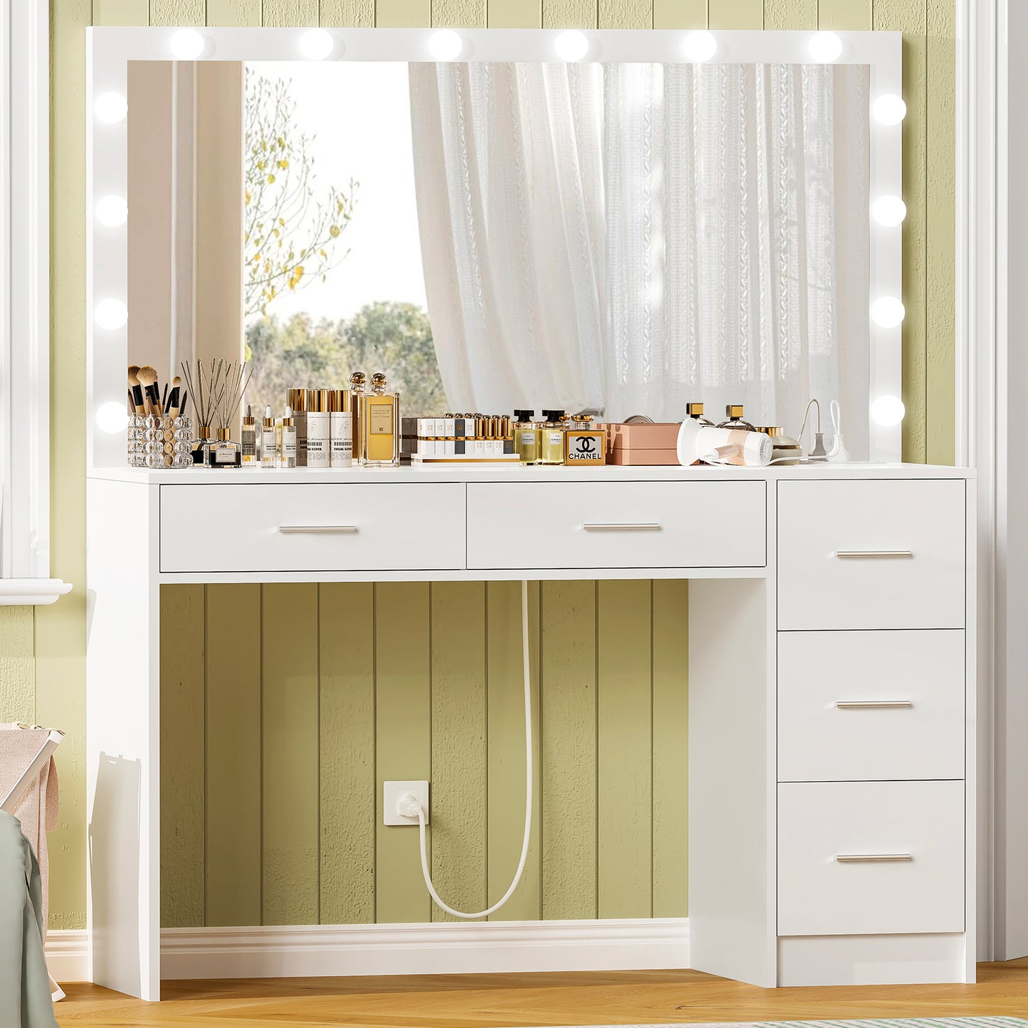 USIKEY 47.2" Large Vanity Desk with Lighted Mirror, 14 Lights, Makeup Vanity Table with 5 Large Drawers & Charging Station