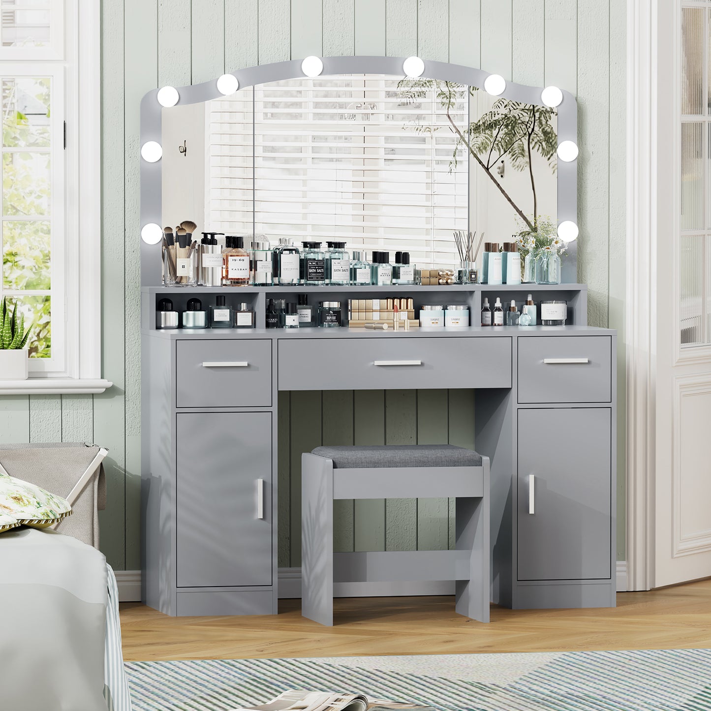 usikey Large Vanity Set with Large Lighted Mirror, Modern Makeup Vanity Table with 3 Drawers, 2 Storage Cabinets & 10 LED Bulbs, Dressing Table with Cushioned Stool for Women, Bedroom, Grey